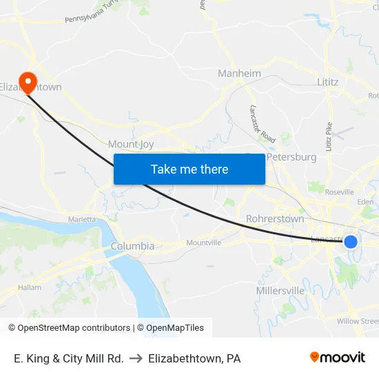 E. King & City Mill Rd. to Elizabethtown, PA map
