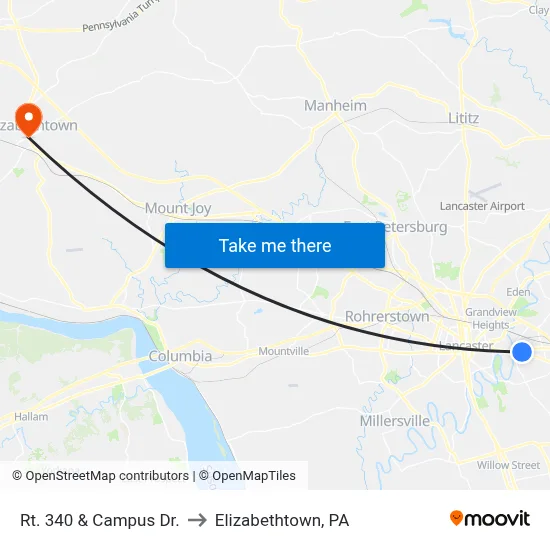 Rt. 340 & Campus Dr. to Elizabethtown, PA map