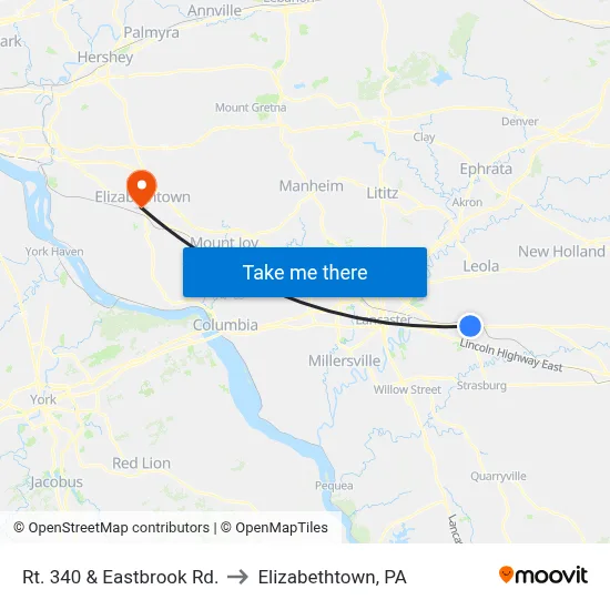 Rt. 340 & Eastbrook Rd. to Elizabethtown, PA map