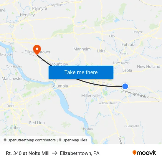 Rt. 340 at Nolts Mill to Elizabethtown, PA map