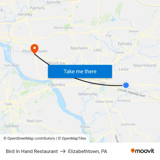 Bird In Hand Restaurant to Elizabethtown, PA map