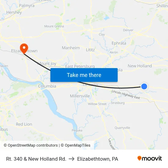 Rt. 340 & New Holland Rd. to Elizabethtown, PA map