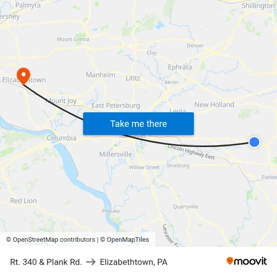 Rt. 340 & Plank Rd. to Elizabethtown, PA map