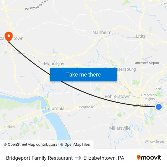 Bridgeport Family Restaurant to Elizabethtown, PA map