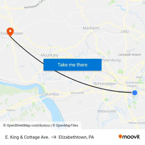 E. King & Cottage Ave. to Elizabethtown, PA map