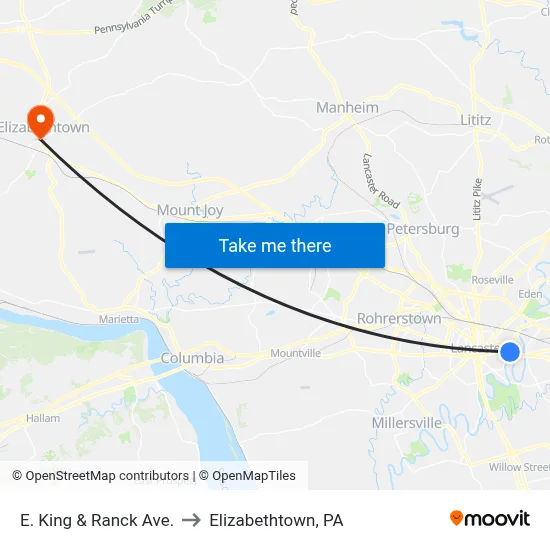 E. King & Ranck Ave. to Elizabethtown, PA map