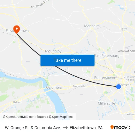 W. Orange St. & Columbia Ave. to Elizabethtown, PA map