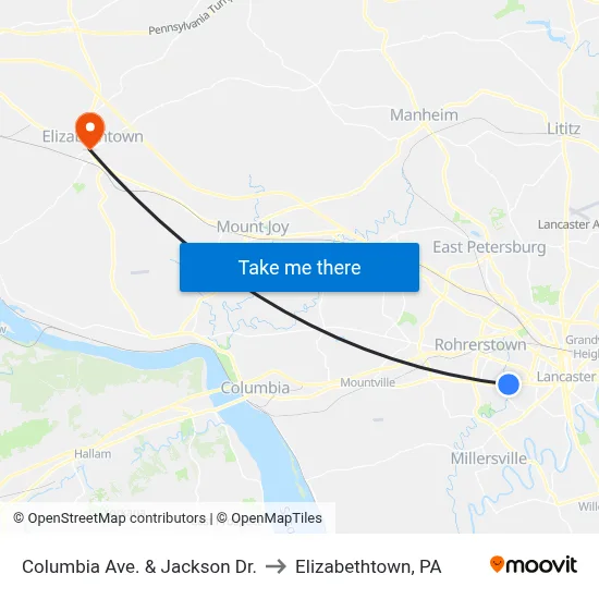 Columbia Ave. & Jackson Dr. to Elizabethtown, PA map