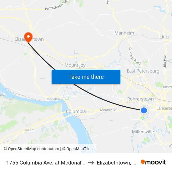 1755 Columbia Ave. at Mcdonalds to Elizabethtown, PA map