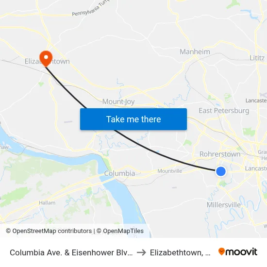 Columbia Ave. & Eisenhower Blvd. to Elizabethtown, PA map