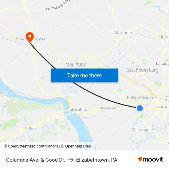 Columbia Ave. & Good Dr. to Elizabethtown, PA map