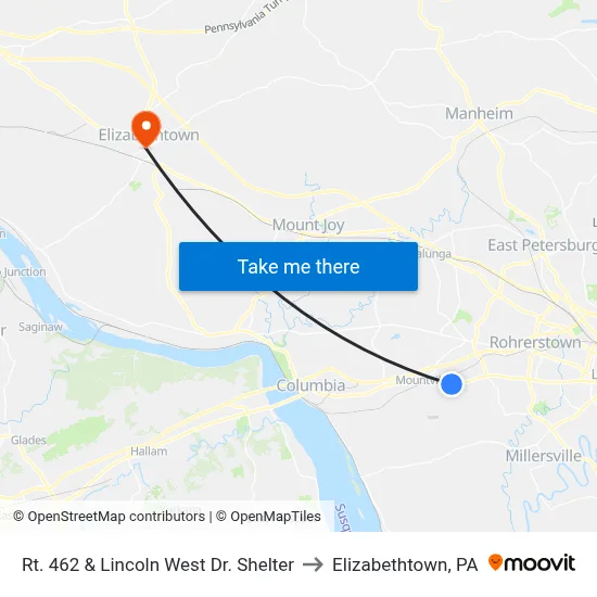 Rt. 462 & Lincoln West Dr. Shelter to Elizabethtown, PA map