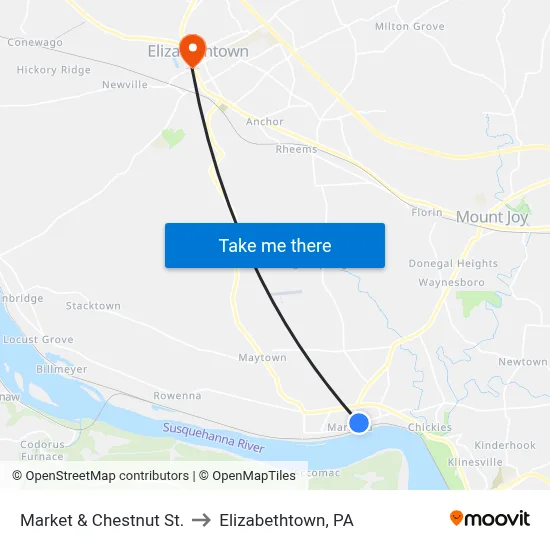 Market & Chestnut St. to Elizabethtown, PA map