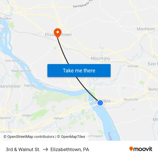 3rd & Walnut St. to Elizabethtown, PA map