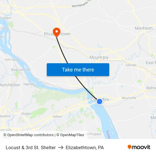 Locust & 3rd St. Shelter to Elizabethtown, PA map