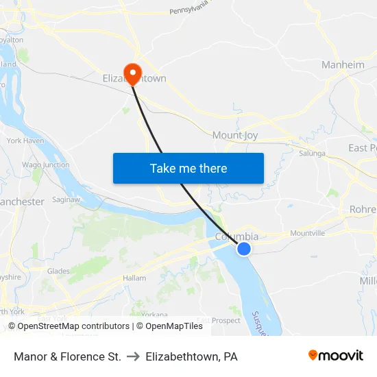 Manor & Florence St. to Elizabethtown, PA map