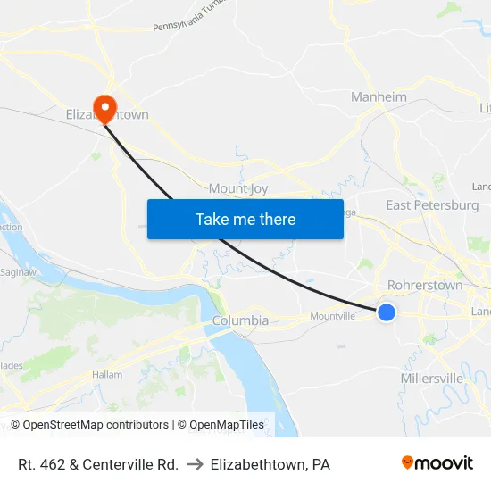 Rt. 462 & Centerville Rd. to Elizabethtown, PA map