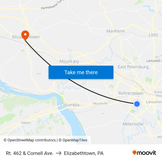Rt. 462 & Cornell Ave. to Elizabethtown, PA map