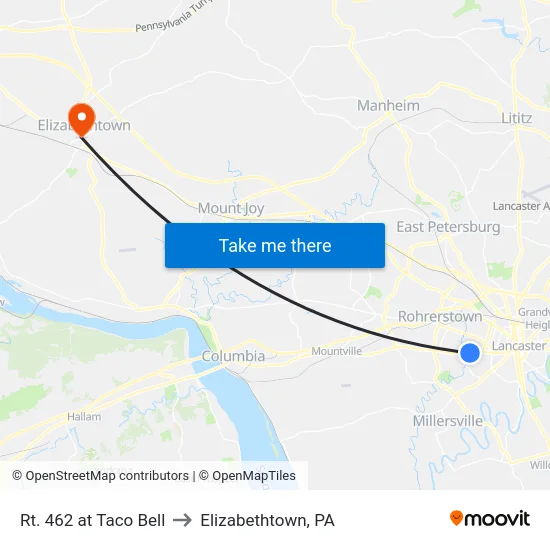 Rt. 462 at Taco Bell to Elizabethtown, PA map