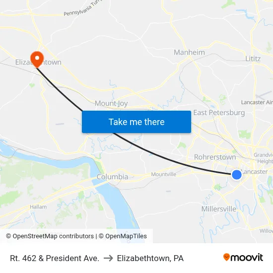 Rt. 462 & President Ave. to Elizabethtown, PA map