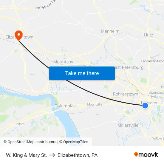 W. King & Mary St. to Elizabethtown, PA map