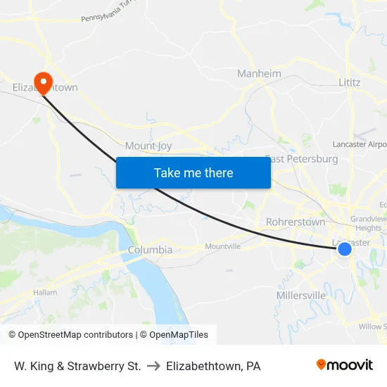 W. King & Strawberry St. to Elizabethtown, PA map