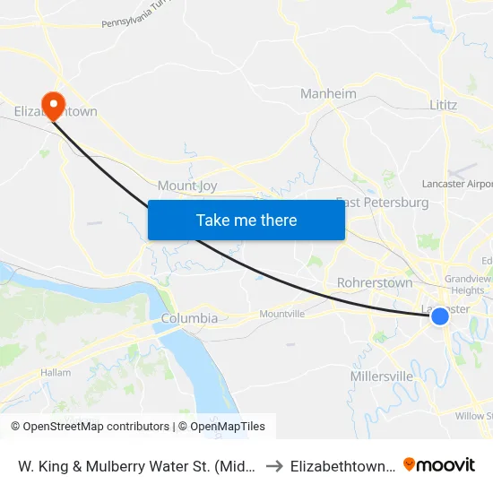 W. King & Mulberry Water St. (Mid-Block) to Elizabethtown, PA map