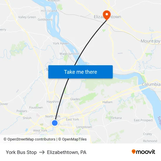 York Bus Stop to Elizabethtown, PA map