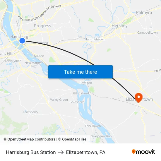 Harrisburg Bus Station to Elizabethtown, PA map