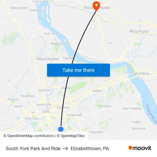 South York Park And Ride to Elizabethtown, PA map
