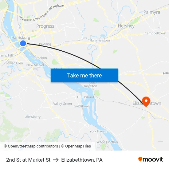 2nd St at Market St to Elizabethtown, PA map