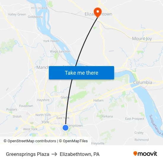 Greensprings Plaza to Elizabethtown, PA map