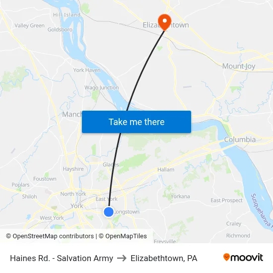 Haines Rd. - Salvation Army to Elizabethtown, PA map