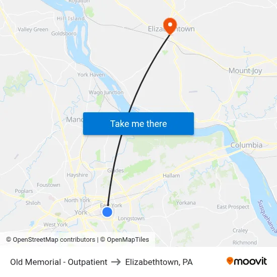Old Memorial - Outpatient to Elizabethtown, PA map