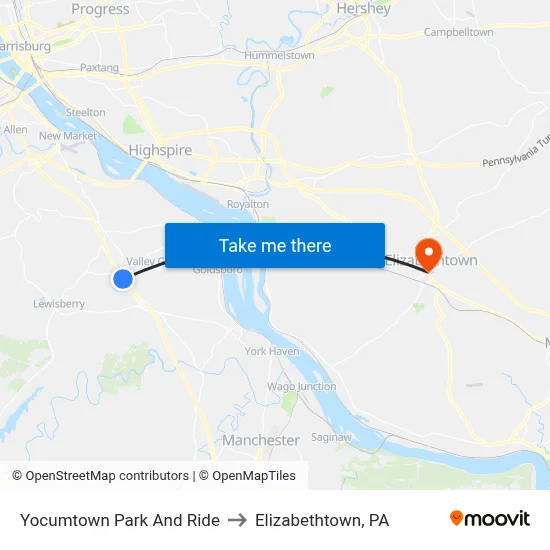 Yocumtown Park And Ride to Elizabethtown, PA map