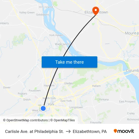 Carlisle Ave. at Philadelphia St. to Elizabethtown, PA map