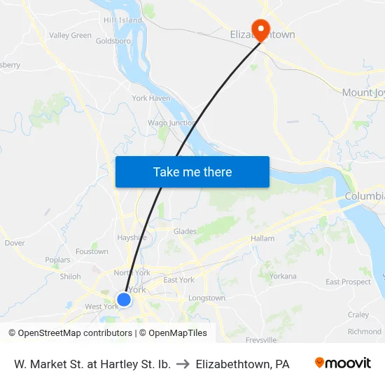 W. Market St. at Hartley St. Ib. to Elizabethtown, PA map