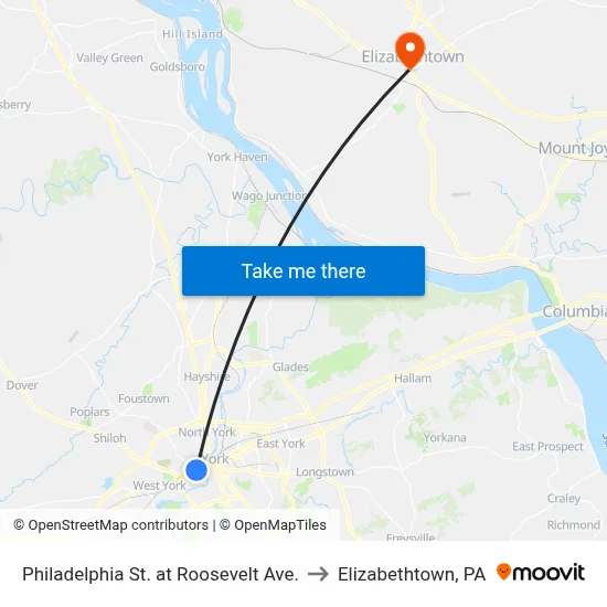 Philadelphia St. at Roosevelt Ave. to Elizabethtown, PA map
