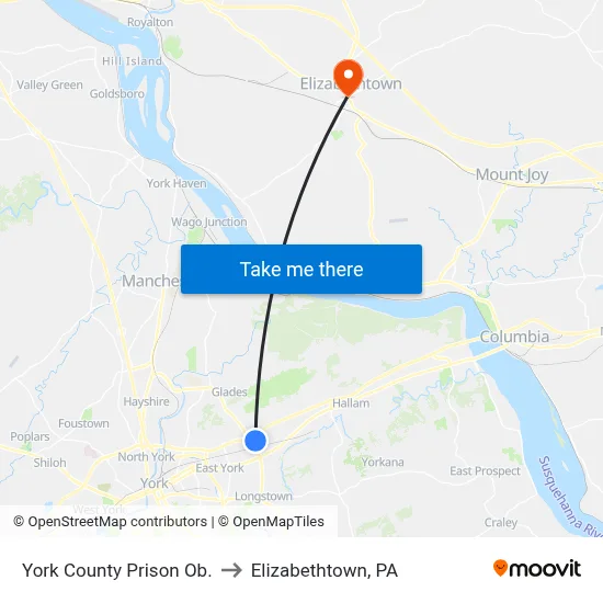 York County Prison Ob. to Elizabethtown, PA map