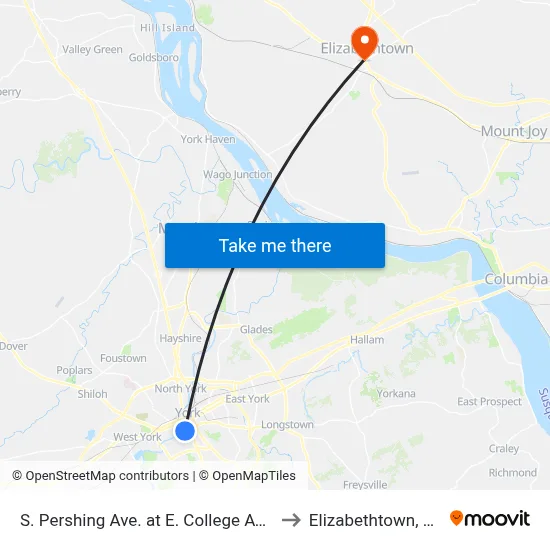 S. Pershing Ave. at E. College Ave. to Elizabethtown, PA map