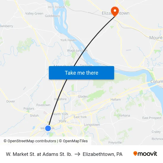 W. Market St. at Adams St. Ib. to Elizabethtown, PA map