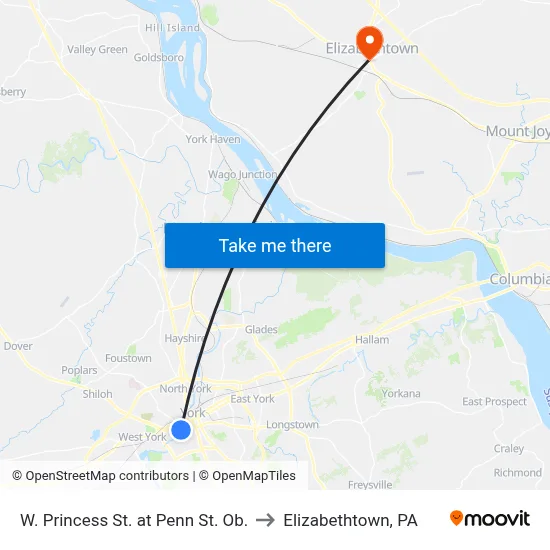 W. Princess St. at Penn St. Ob. to Elizabethtown, PA map