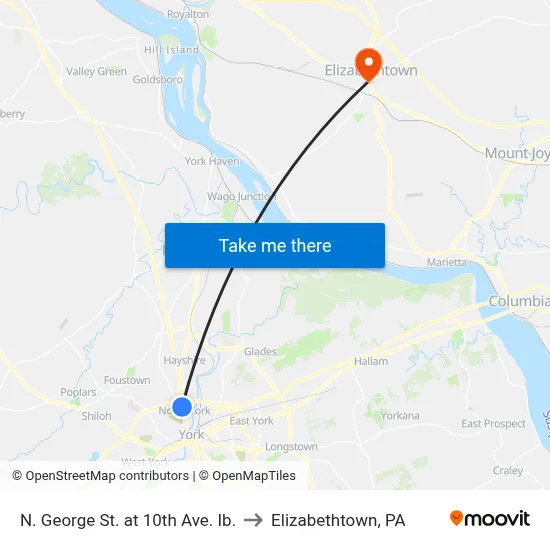 N. George St. at 10th Ave. Ib. to Elizabethtown, PA map