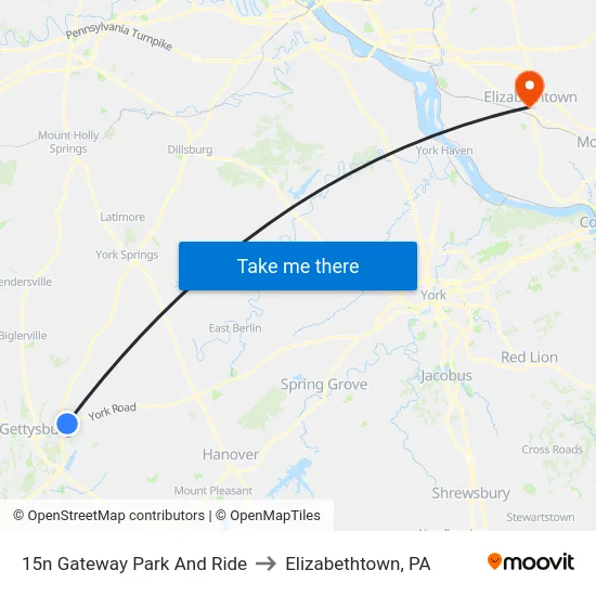 15n Gateway Park And Ride to Elizabethtown, PA map