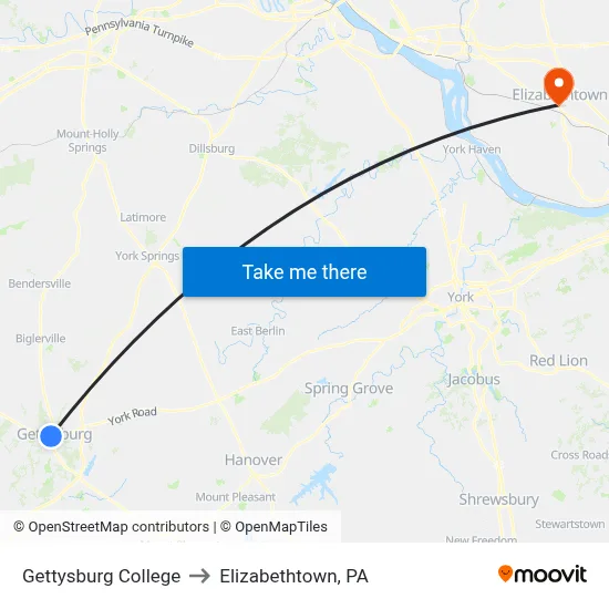 Gettysburg College to Elizabethtown, PA map