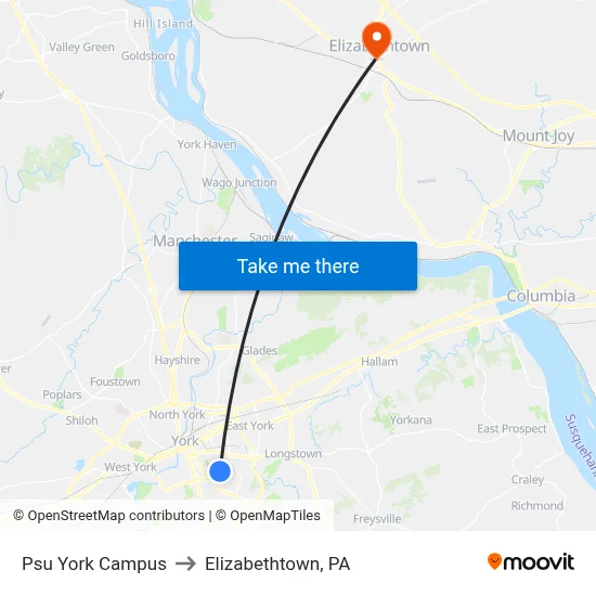 Psu York Campus to Elizabethtown, PA map