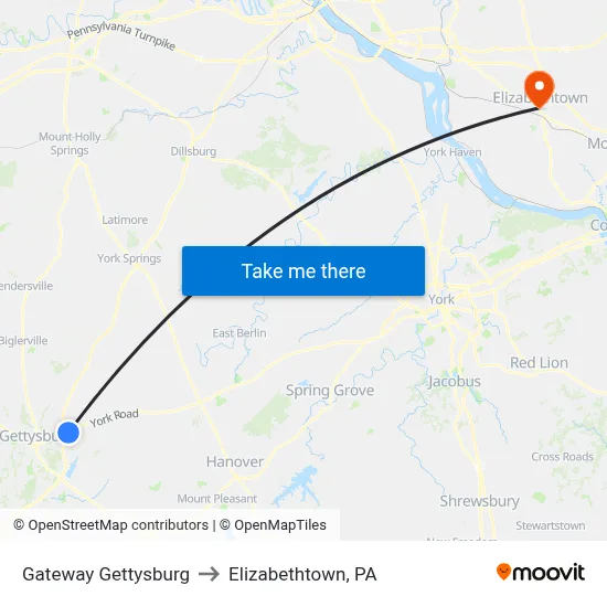 Gateway Gettysburg to Elizabethtown, PA map