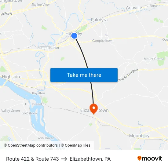 Route 422 & Route 743 to Elizabethtown, PA map