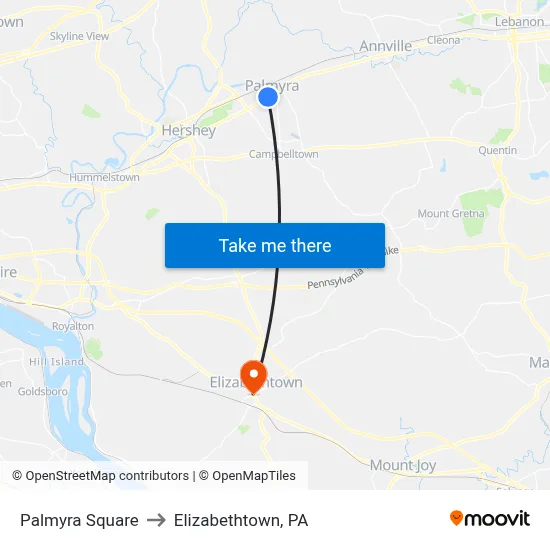 Palmyra Square to Elizabethtown, PA map
