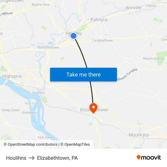 Houlihns to Elizabethtown, PA map